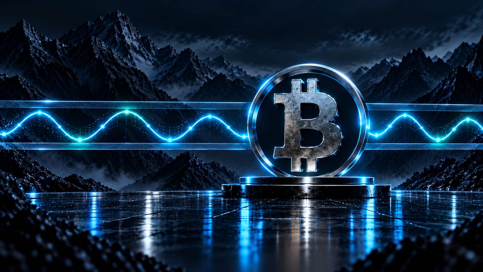 Emblema metallico Bitcoin davanti a montagne scure e linea del prezzo azzurra che oscilla dentro una fascia orizzontale