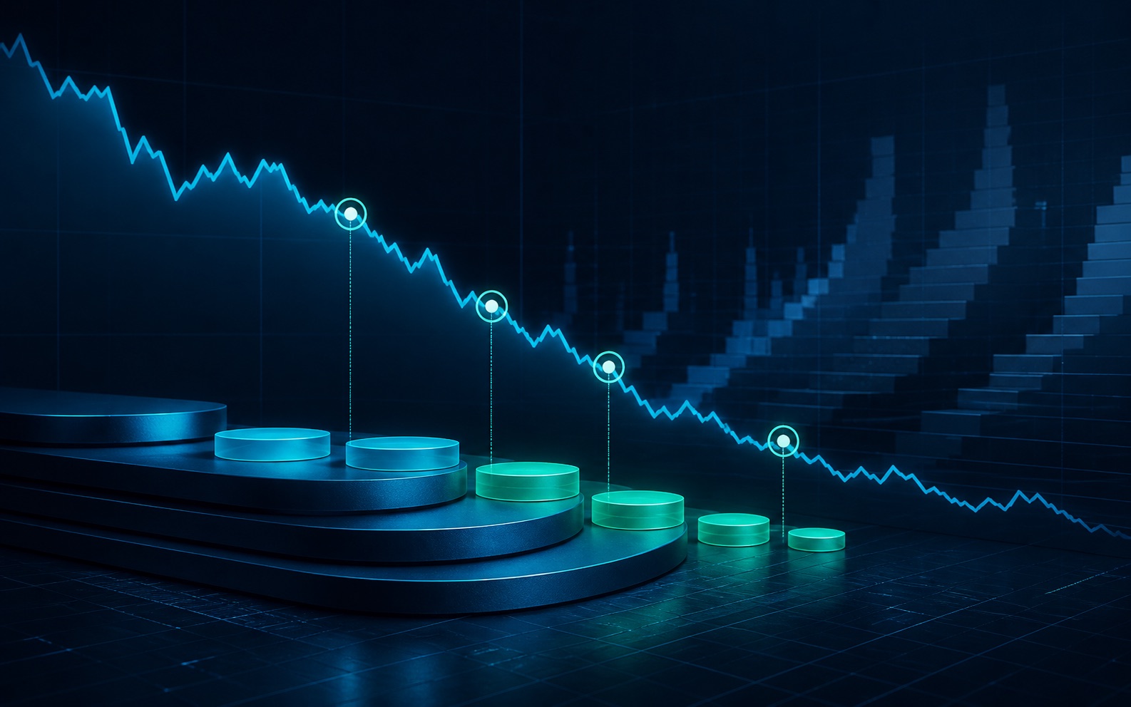 Abstract staged order levels alongside a falling market path