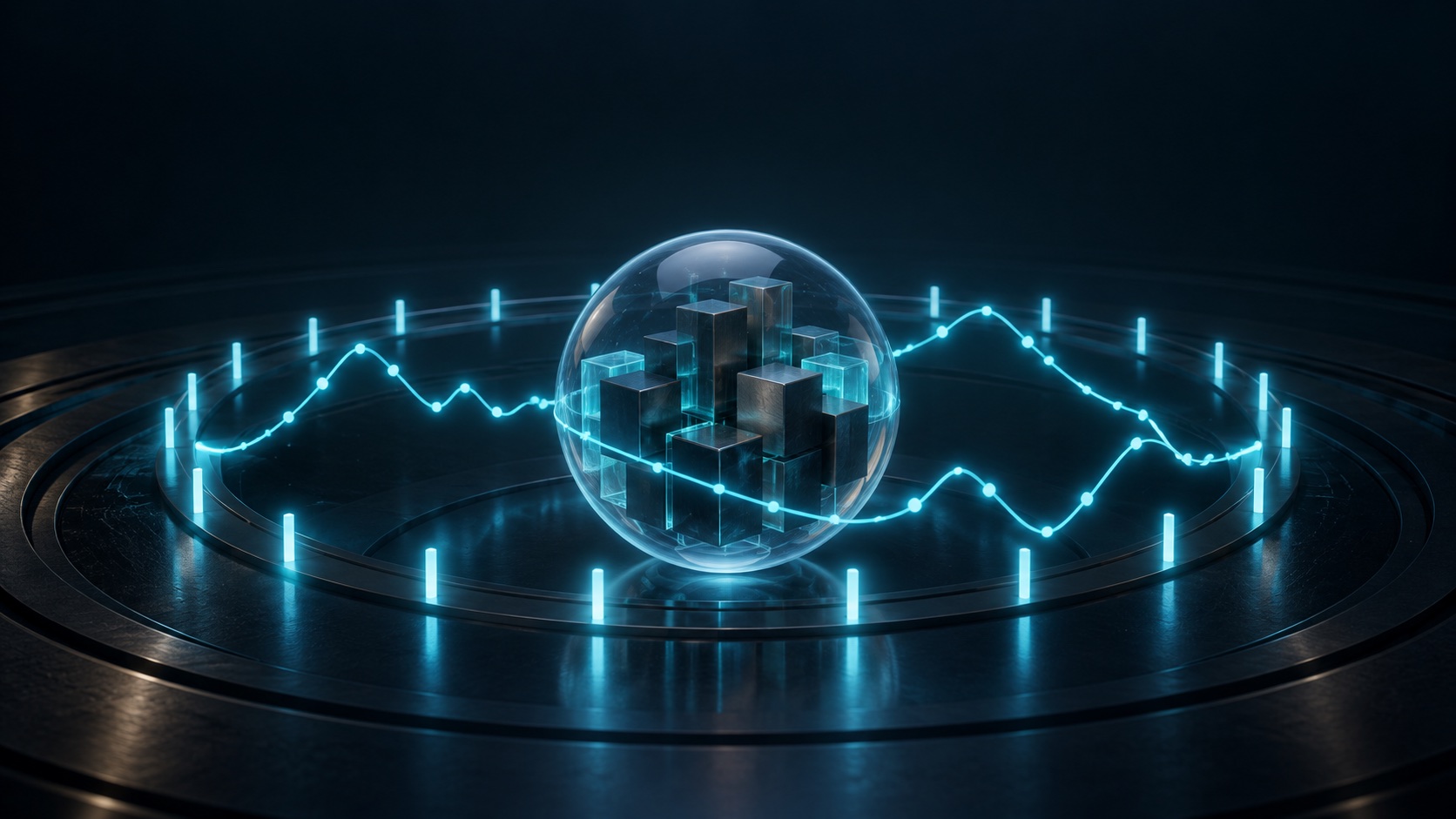 A continuous cyan market path circling a transparent portfolio core on a dark 24-part trading ring
