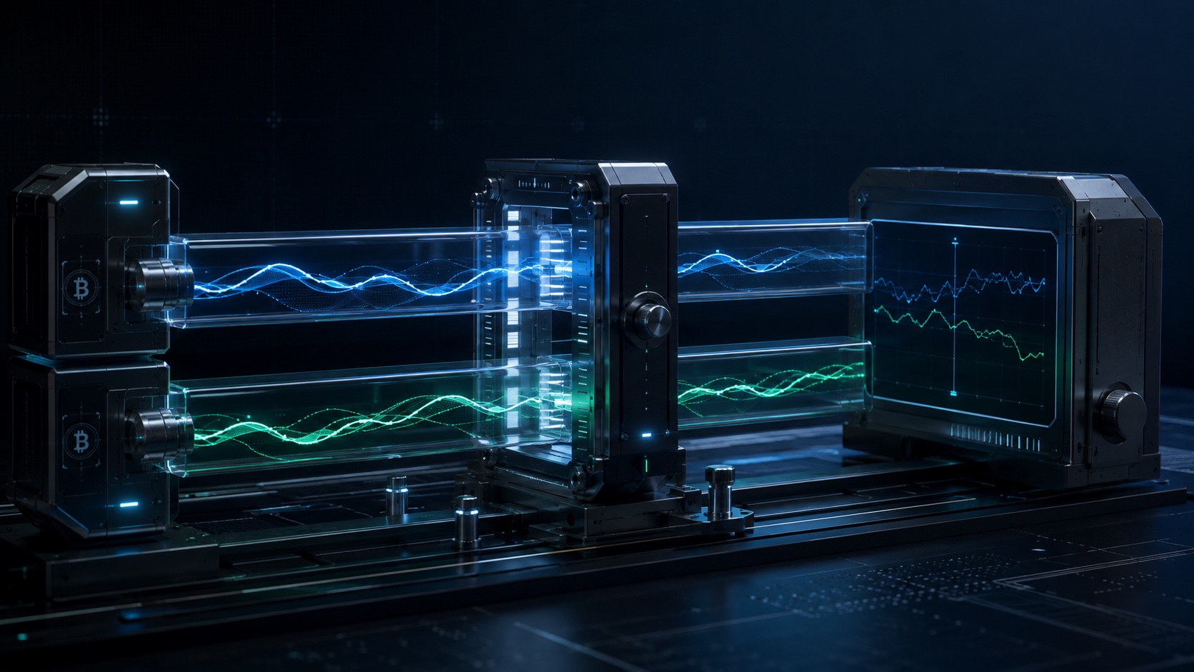 Two illuminated investment paths passing through the same calibration gate before reaching a neutral comparison display