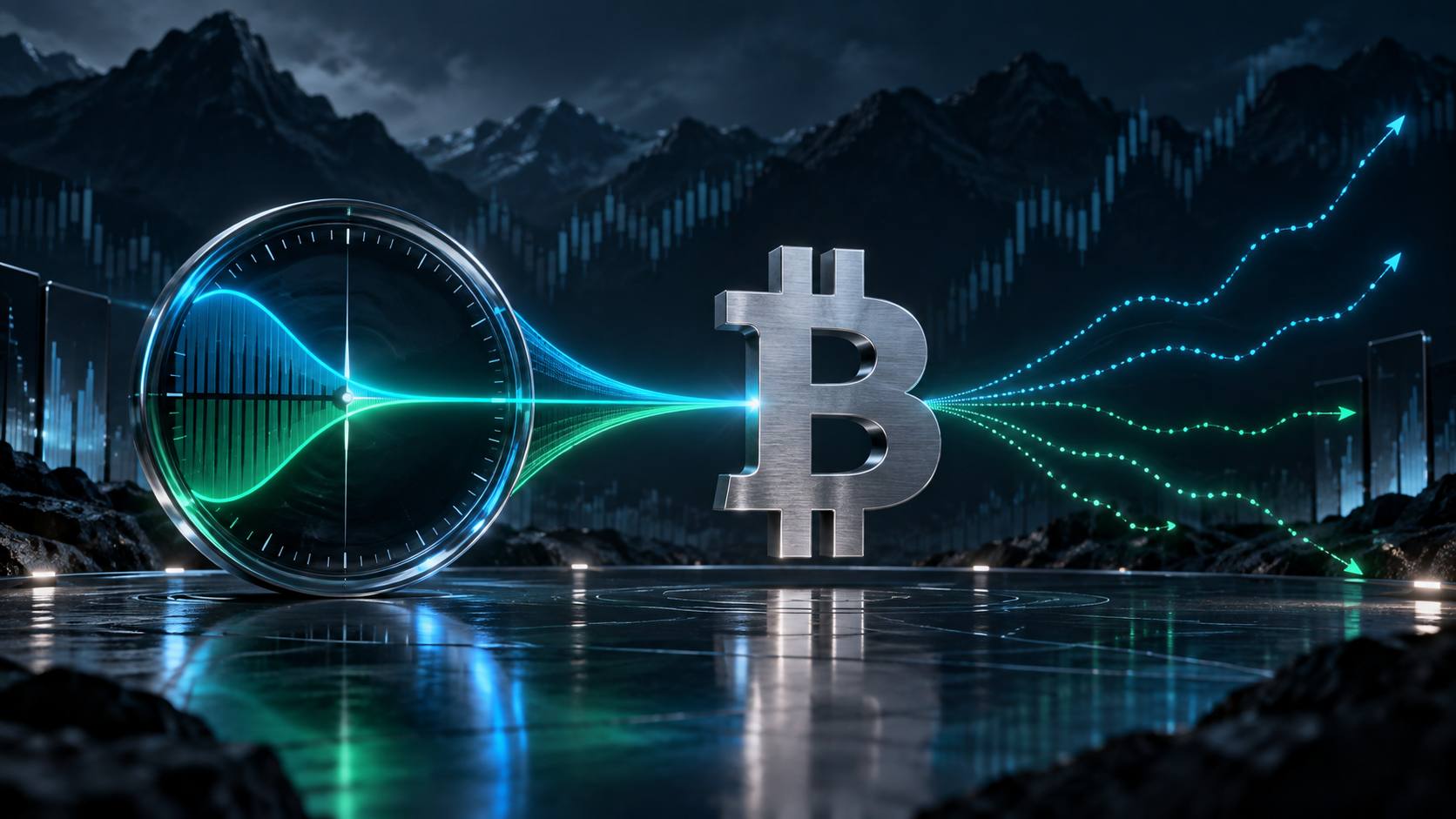 A cyan and green probability instrument converges on a metallic Bitcoin symbol before splitting into several possible price paths
