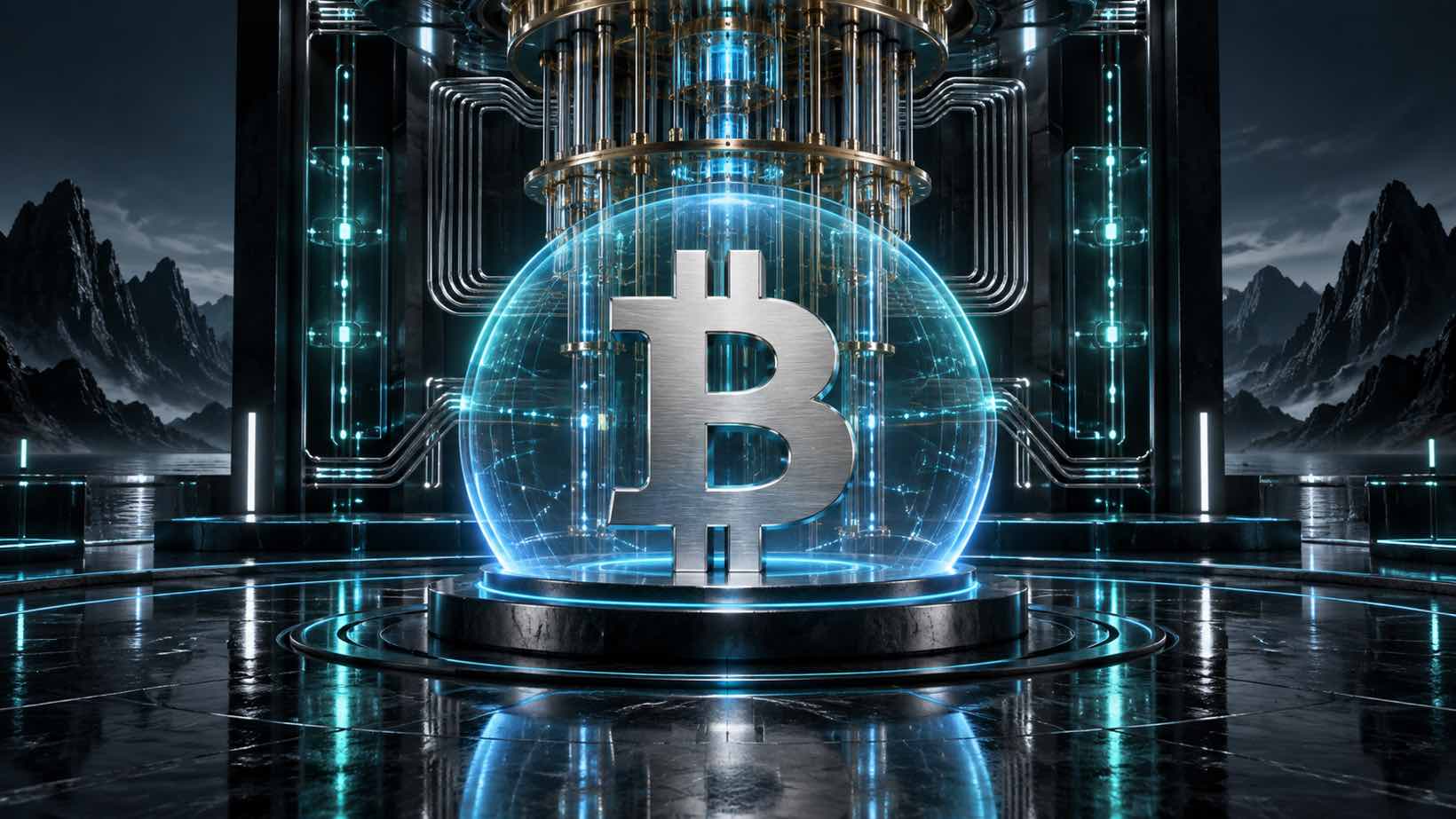 A Bitcoin symbol protected by layered cryptographic shields beside a quantum processor