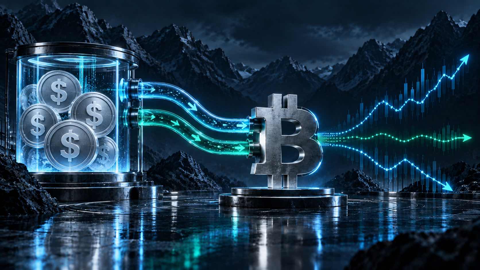 Silver stablecoin liquidity flows split into three possible Bitcoin price paths around a brushed-metal Bitcoin symbol