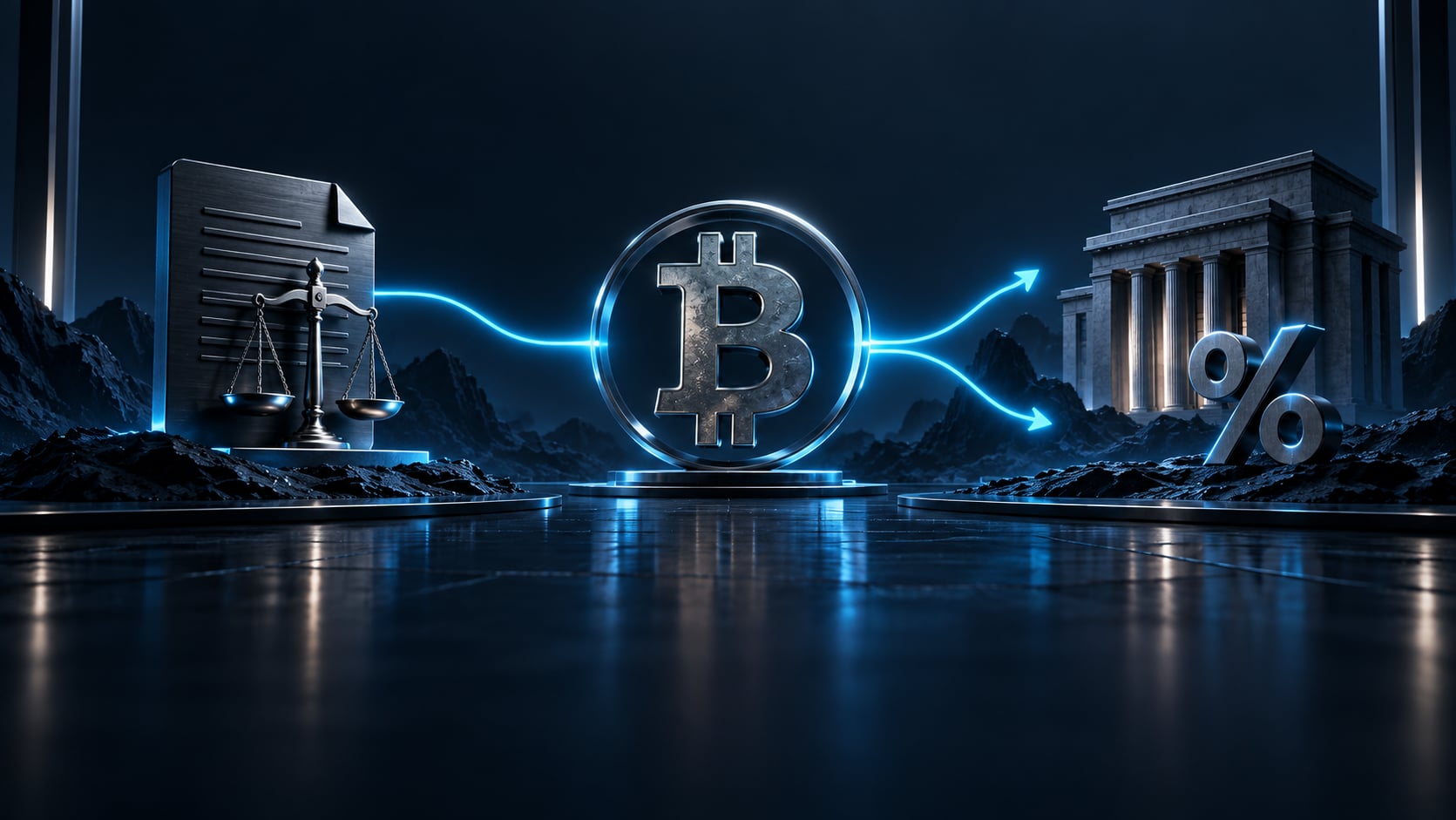 Bitcoin between a legal document and a central bank, with blue arrows representing possible upward and downward market paths