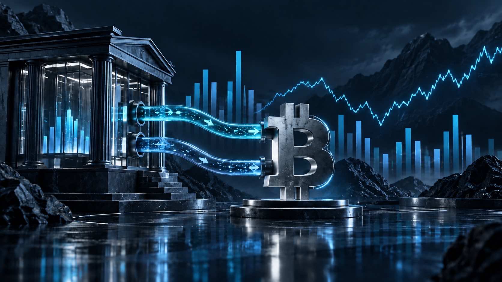 Electric cyan ETF capital streams connect an institutional market building with a metallic Bitcoin symbol beneath a separate Bitcoin price chart