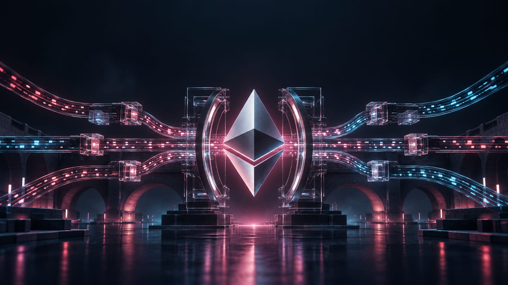 Metallic Ethereum symbol between burgundy and cyan data lanes passing through a modular network gateway