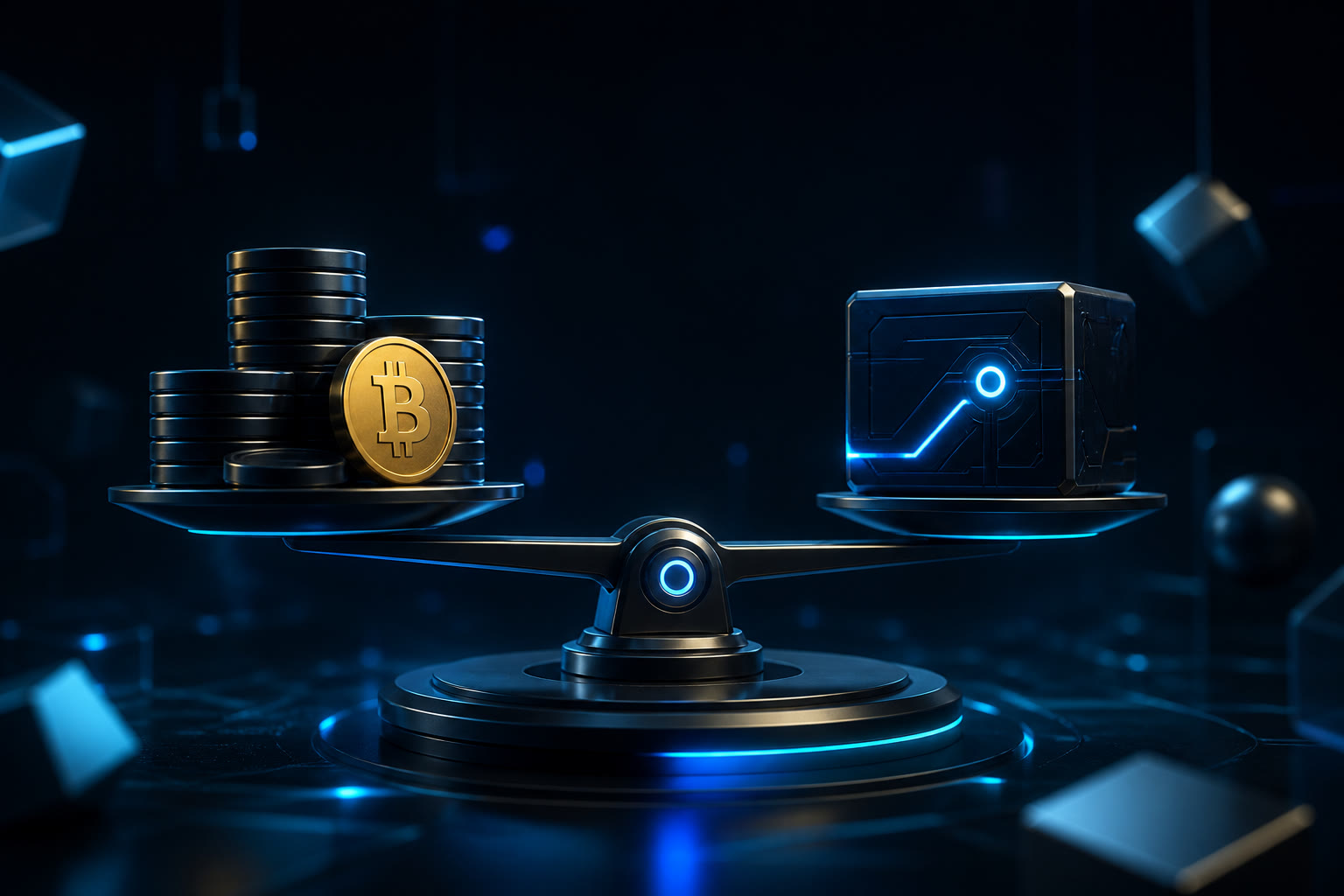 Abstract illustration of Bitcoin trading allocation, software cost and portfolio size