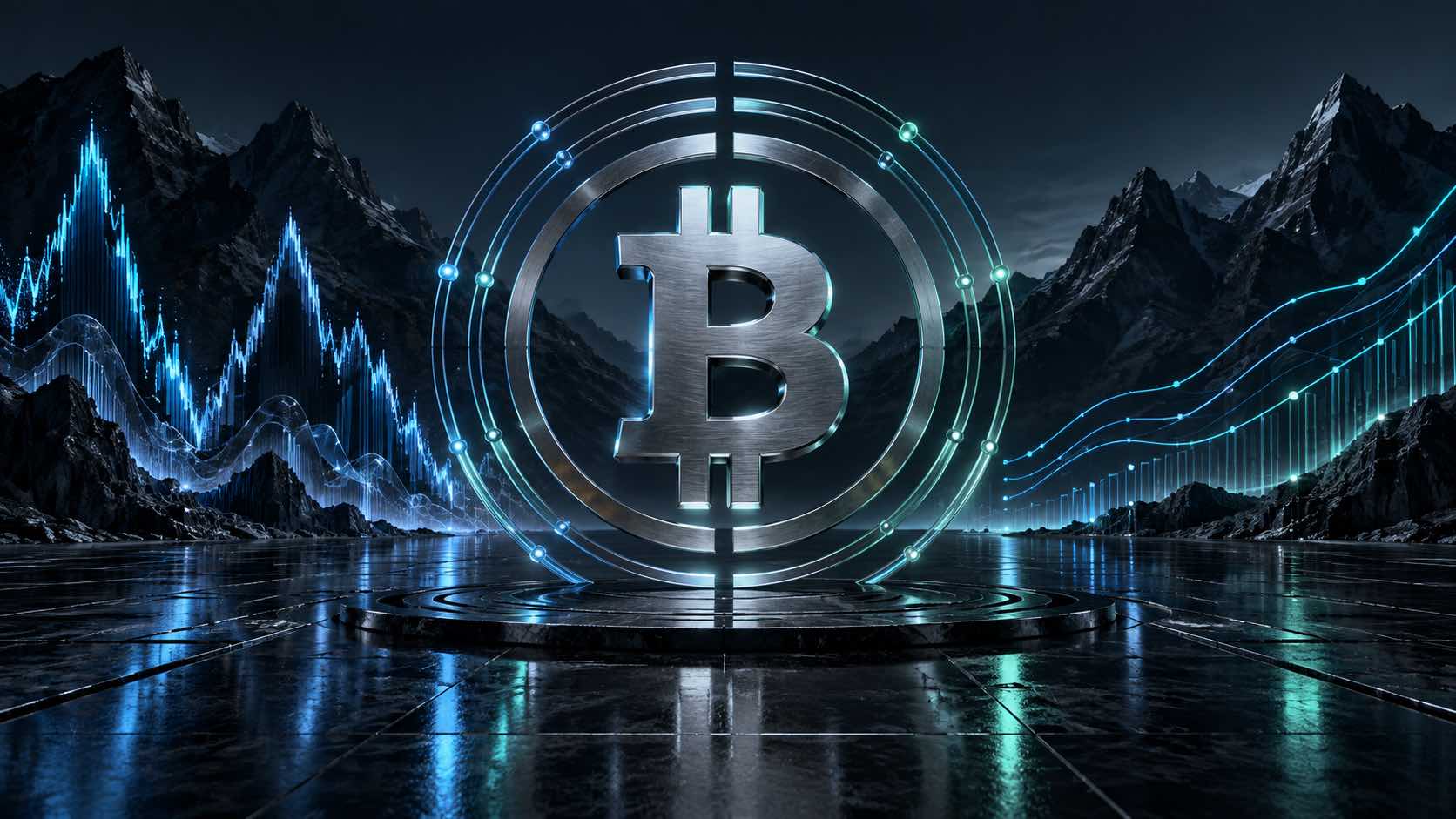 A metallic Bitcoin symbol inside four illuminated cycle rings that transition into institutional market flows