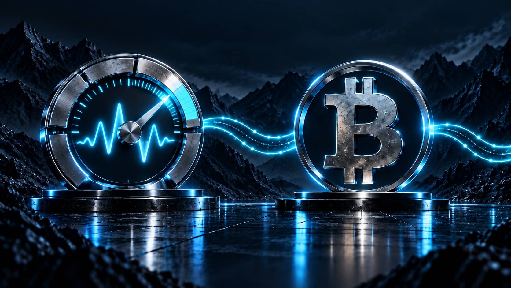 Indicatore dell’inflazione e simbolo di Bitcoin in metallo su uno sfondo blu scuro con riflessi ciano, nello stile di TurboStrategy