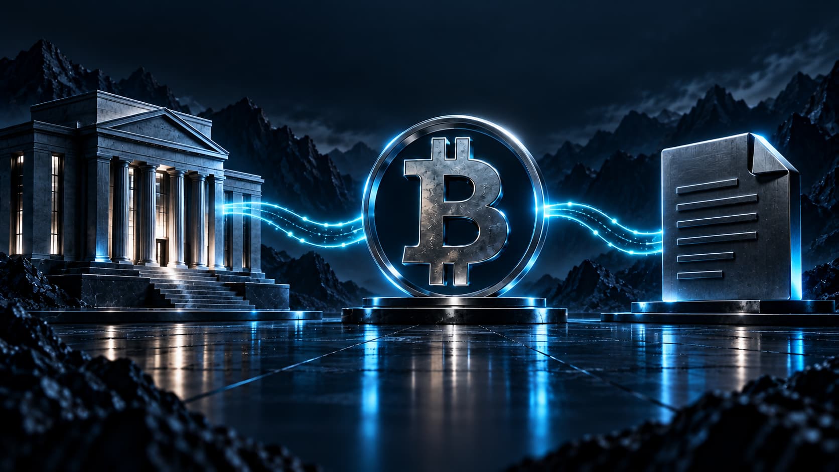 Metallic Bitcoin emblem facing a Federal Reserve building and a luminous policy document in a dark navy and cyan scene