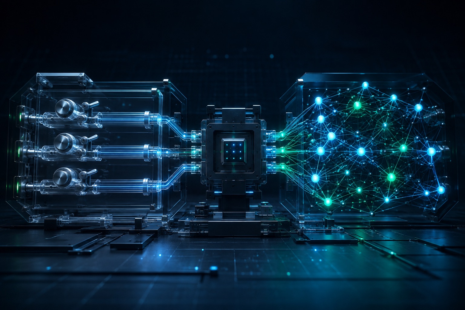 A deterministic mechanical rule system and an interconnected AI model feeding a shared execution gateway