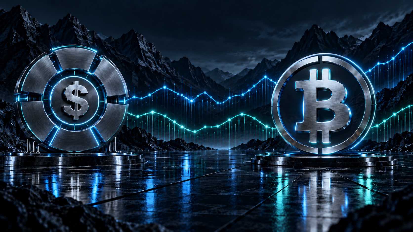 Metallic dollar index wheel and Bitcoin emblem against a dark mountain skyline with separate blue and teal market lines